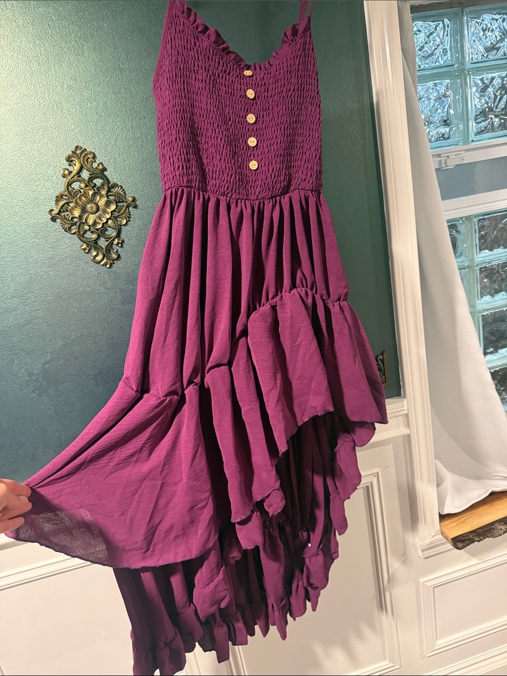 Magenta Ruffled High-Low Sundress with faux Button Front - Picture 2 of 5